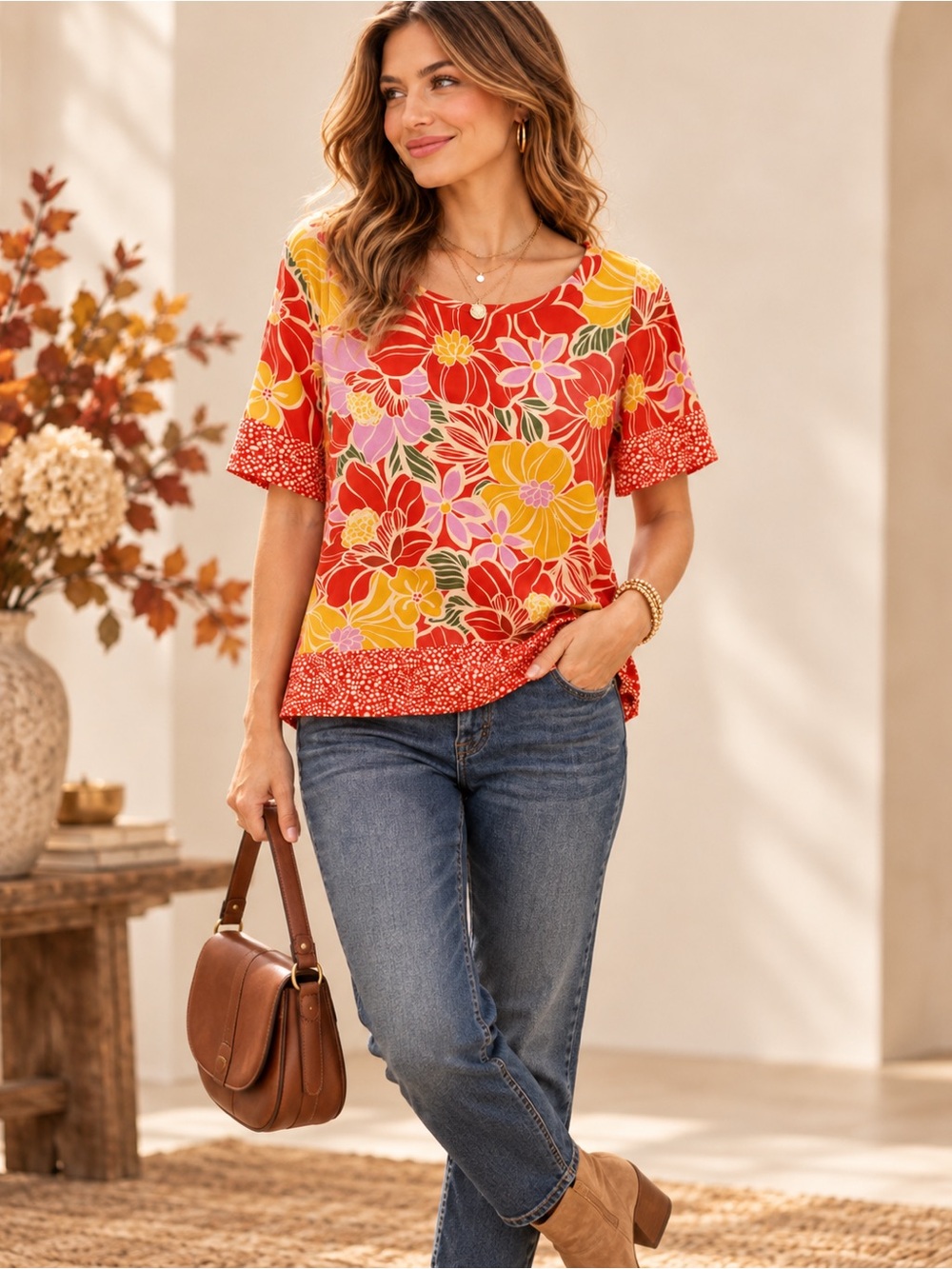 DR2 Floral Blouse Medium Red Pink Yellow Retro Boho Statement Top